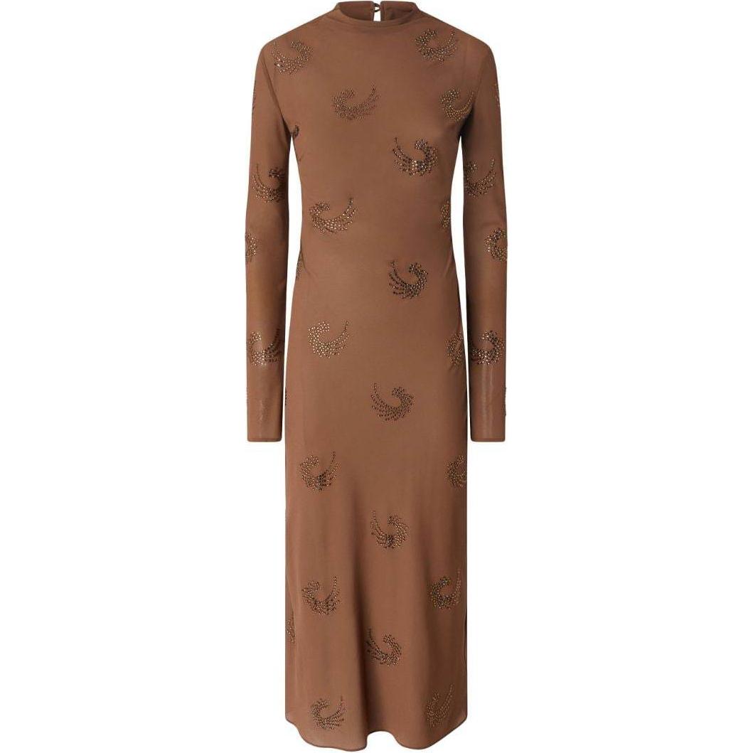 (Women) PINKO FW24 Crystal Embellished Button-Back Long Sleeve Dress Women Camel Brown 104335A289-L75