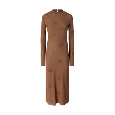 (Women) PINKO FW24 Crystal Embellished Button-Back Long Sleeve Dress Women Camel Brown 104335A289-L75