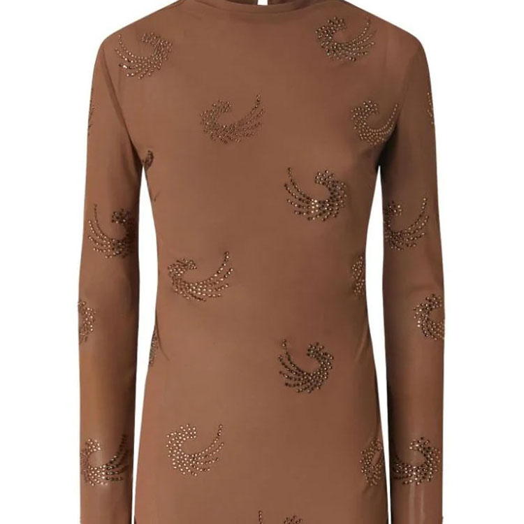 (Women) PINKO FW24 Crystal Embellished Button-Back Long Sleeve Dress Women Camel Brown 104335A289-L75 圖 4