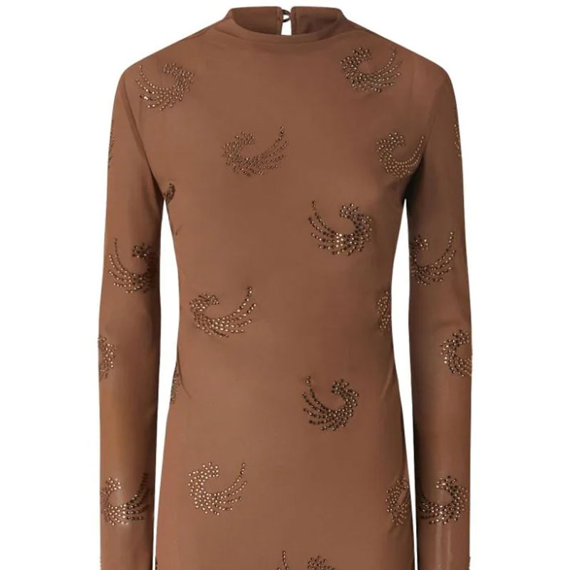 (Women) PINKO FW24 Crystal Embellished Button-Back Long Sleeve Dress Women Camel Brown 104335A289-L75 圖 5