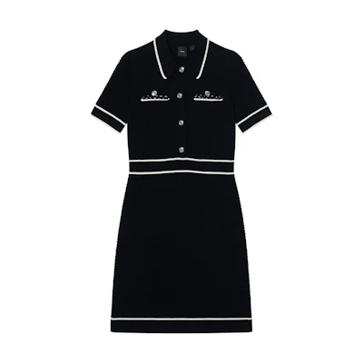 (Women) PINKO SS22 Black Striped Mesh Knit Polo Short Sleeve Dress. 1G176BY7ZA-ZZ2