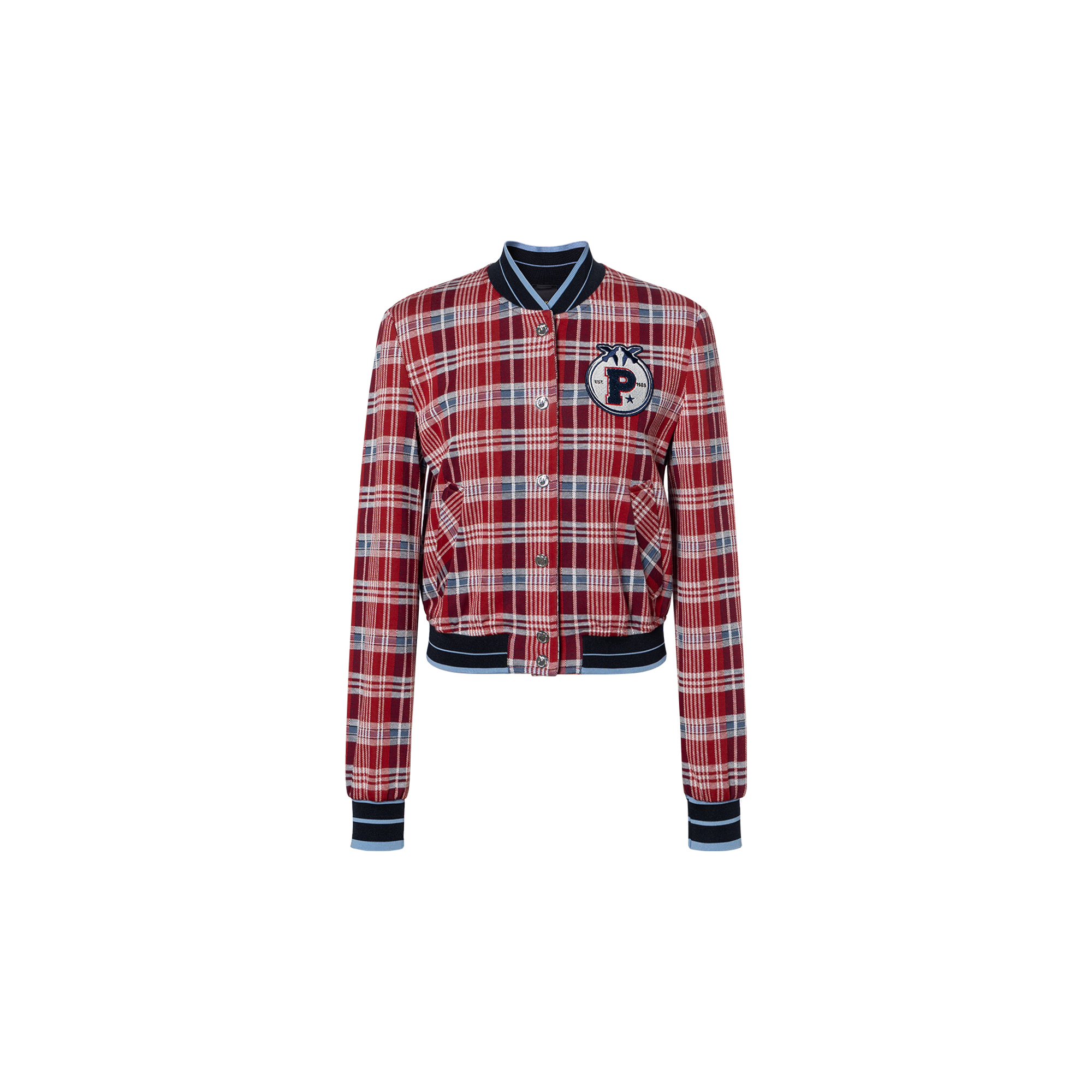 (Women) PINKO SS22 Red Plaid Patchwork Logo Bomber Jacket for Women 1G17C48697-RC1