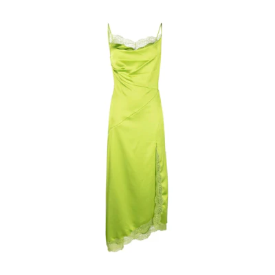 (Women) PINKO SS23 Green Lace-Trim Straight-Cut Casual Slip Dress. 101611A12J-S63