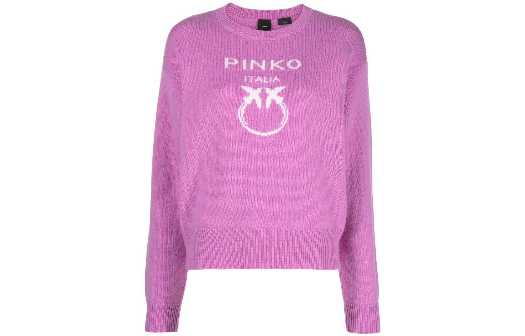 (Women) PINKO SS23  Knit Sweater Rose Pink with Logo Print Crewneck Pullover. 100414Y7Z4-O31