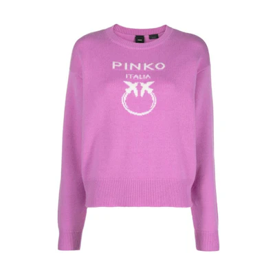 (Women) PINKO SS23 Knit Sweater Rose Pink with Logo Print Crewneck Pullover. 100414Y7Z4-O31