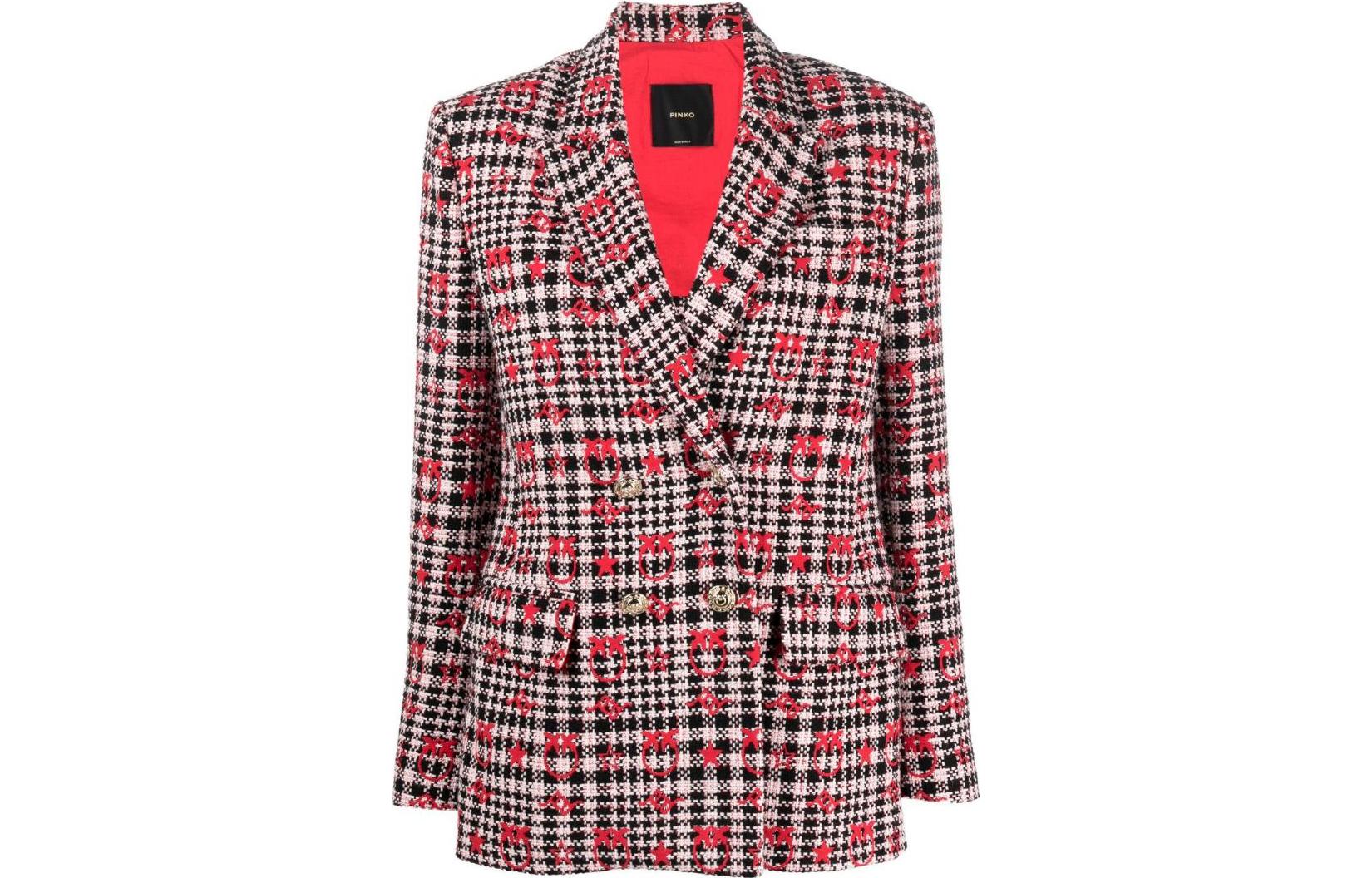 (Women) PINKO SS23  Red Plaid Logo Embroidered Long Sleeve Blazer. 100642-A0N2-ZF6