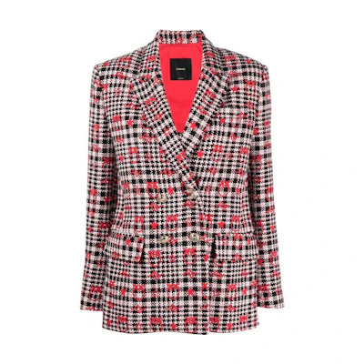 (Women) PINKO SS23 Red Plaid Logo Embroidered Long Sleeve Blazer. 100642-A0N2-ZF6