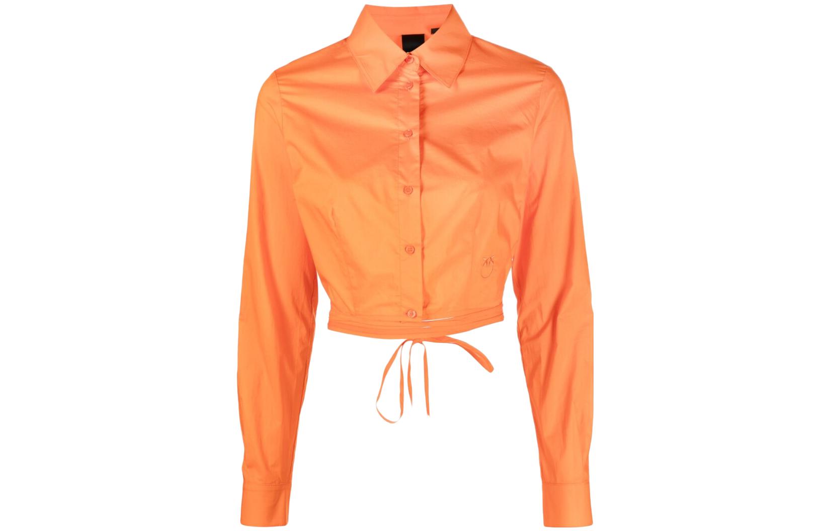 (Women) PINKO SS23  Solid Tie-Front Button-Up Long Sleeve Shirt Orange 100697Y6VW-A71