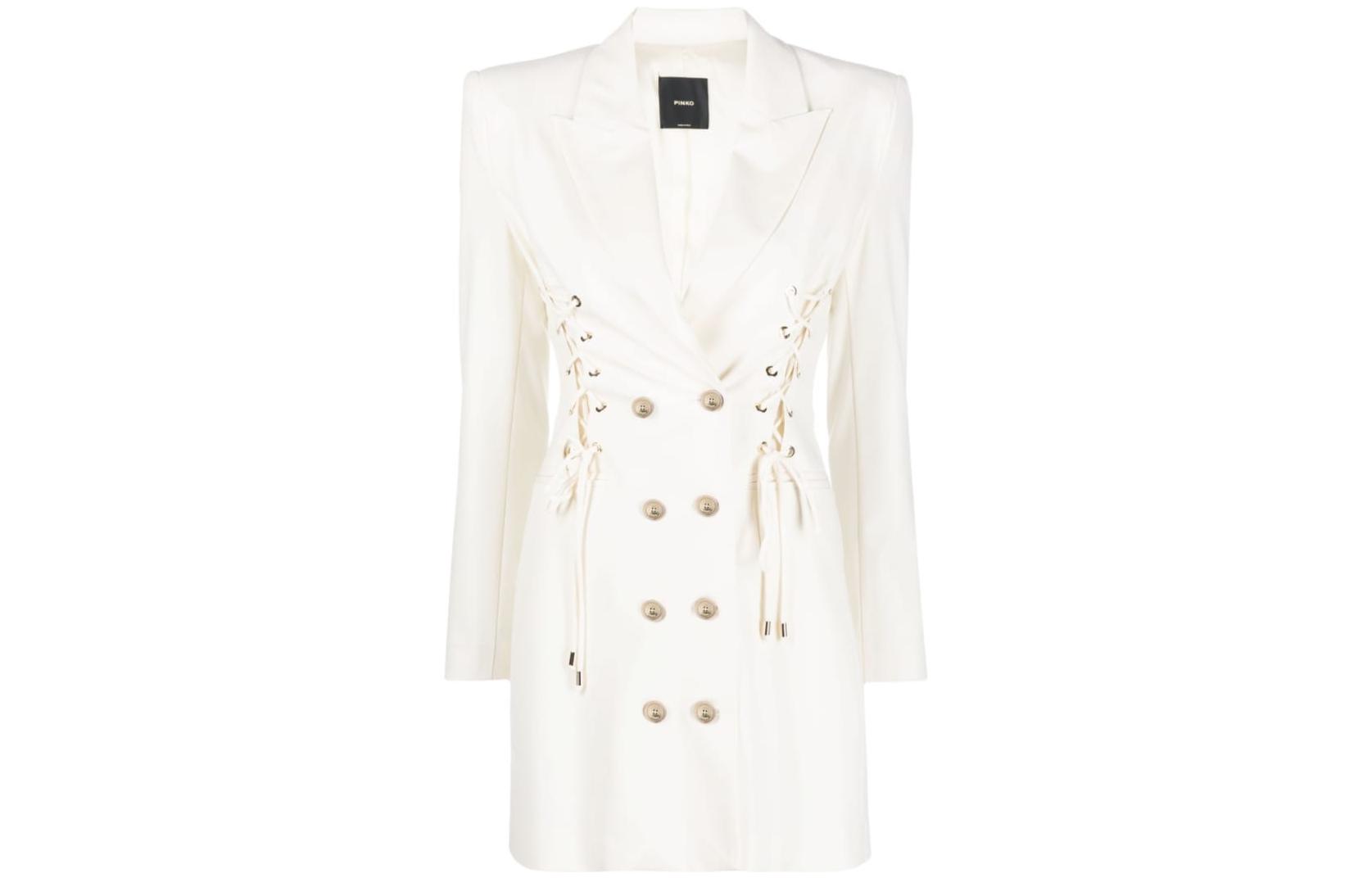 Order (W) PINKO SS23 白色双排扣长袖腰带连衣裙 100261A0HP-N96