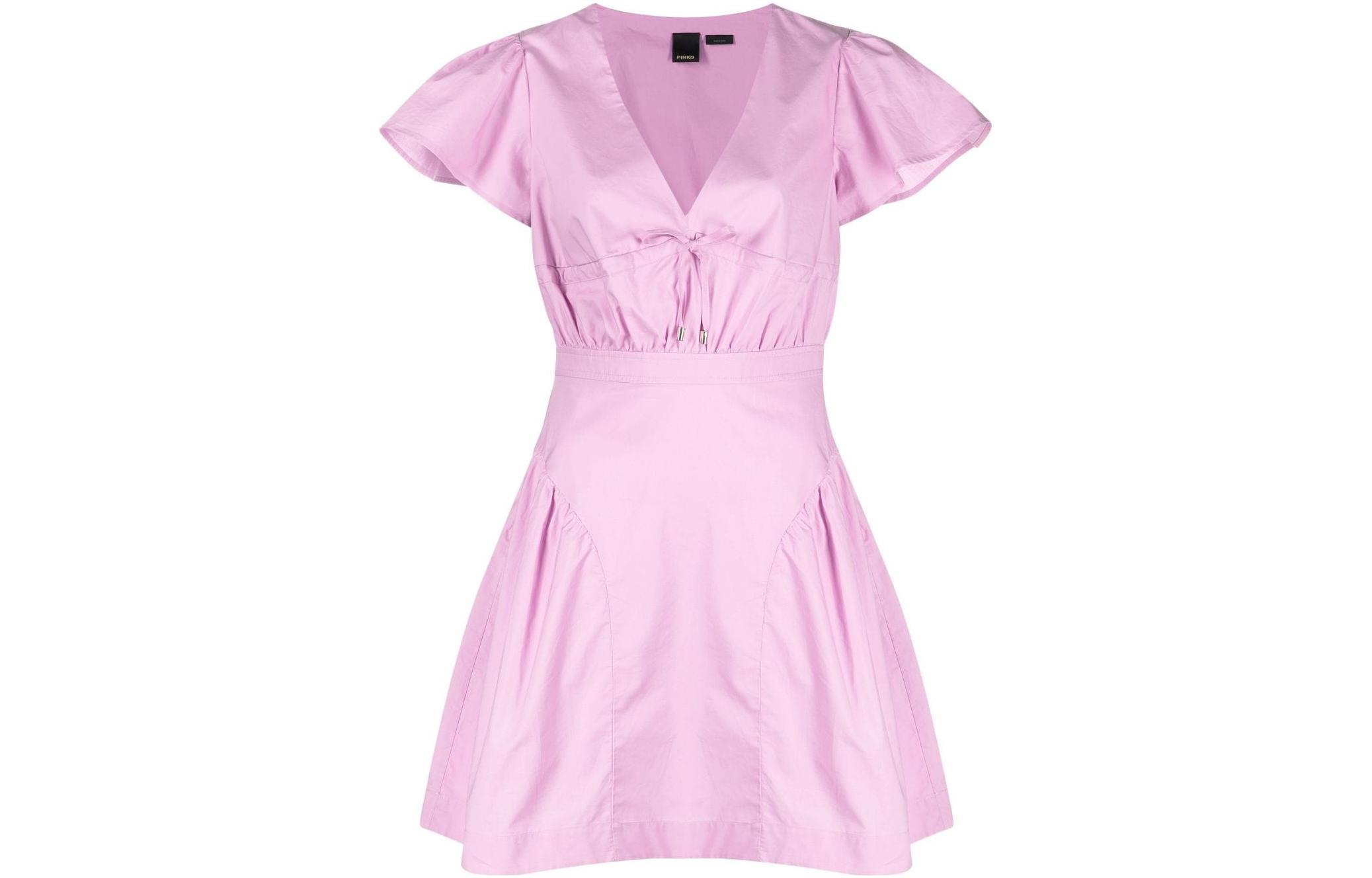 (Women) PINKO SS23 Pink V-Neck Ruched Short-Sleeve Dress for Women. 100949Y6VW-Y34
