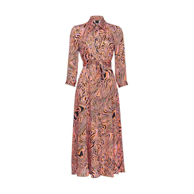 (Women) PINKO SS24 Abstract Print Midi Belted Long-Sleeve Dress Pink. 102834A1KD-ZP1