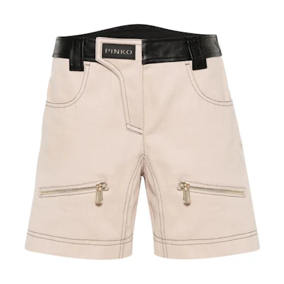 (Women) PINKO SS24 Beige Mid-Rise Relaxed Wide-Leg Leather Shorts. 103029A1NH-CZ9