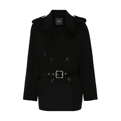 (Women) PINKO SS24 Black Double-Breasted Belted Long Coat 103820Y27P-Z99