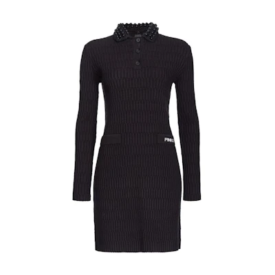 (Women) PINKO SS24 Black Knit Long Sleeve Dress with Solid Logo Design. 104360A27J