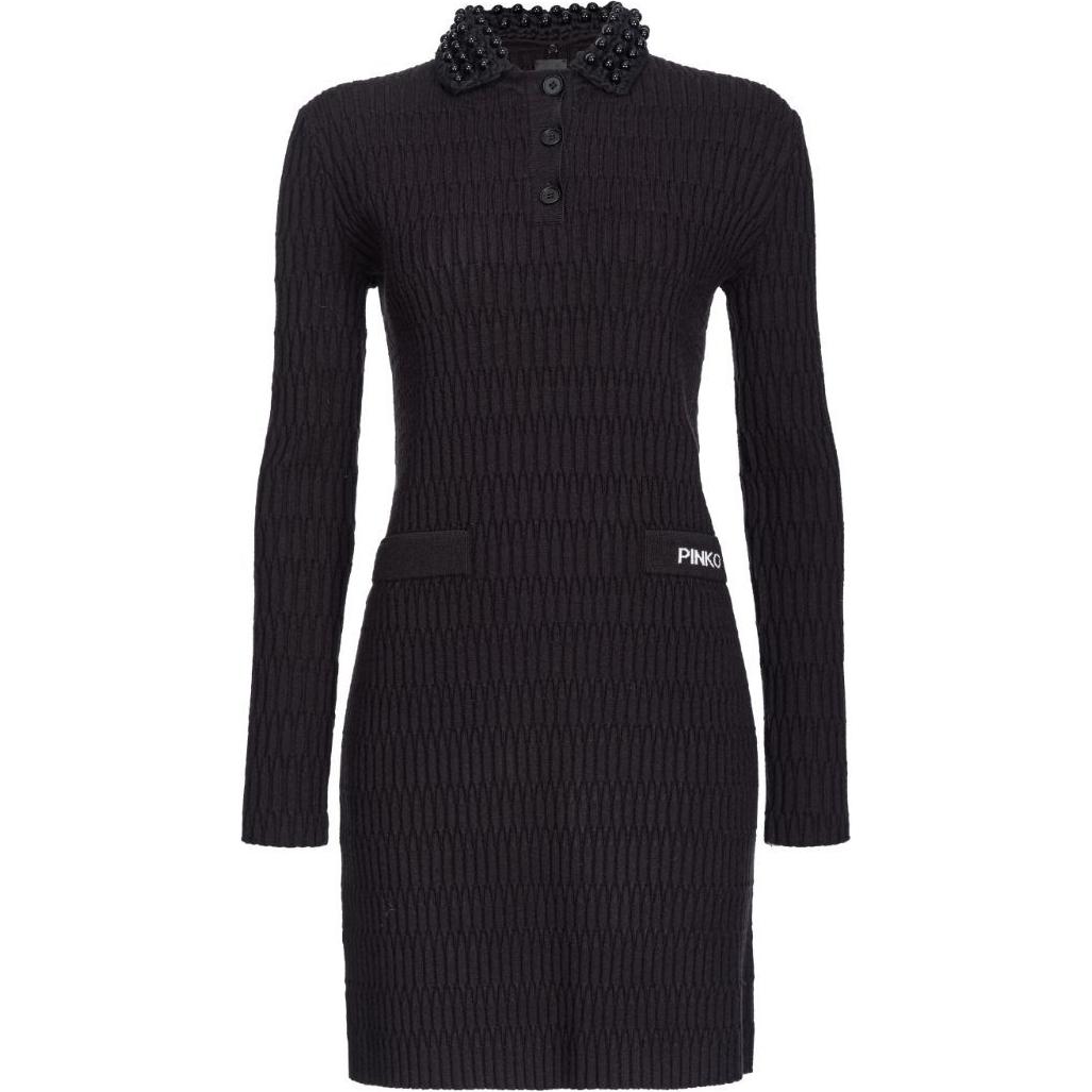 Order (W) PINKO SS24 黑色针织长袖连衣裙带标志设计。 104360A27J