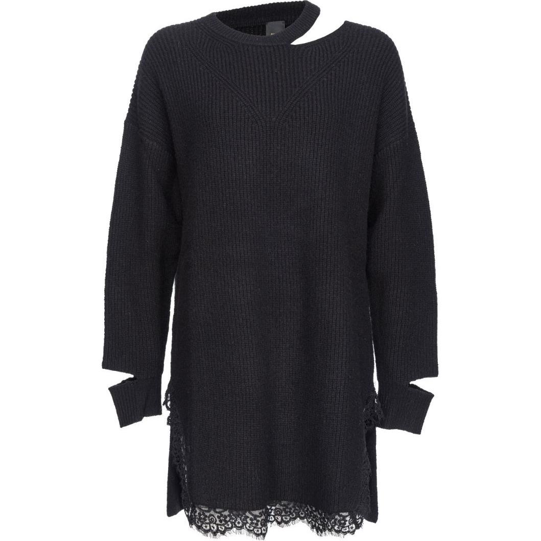 (Women) PINKO SS24  Black Lace Trim Hollow-Out Knit Long Sleeve Dress. 104012A238-Z99