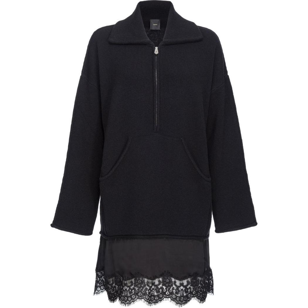 (Women) PINKO SS24  Black Long Sleeve Dress with Lace Details and Layered Design 103917A226