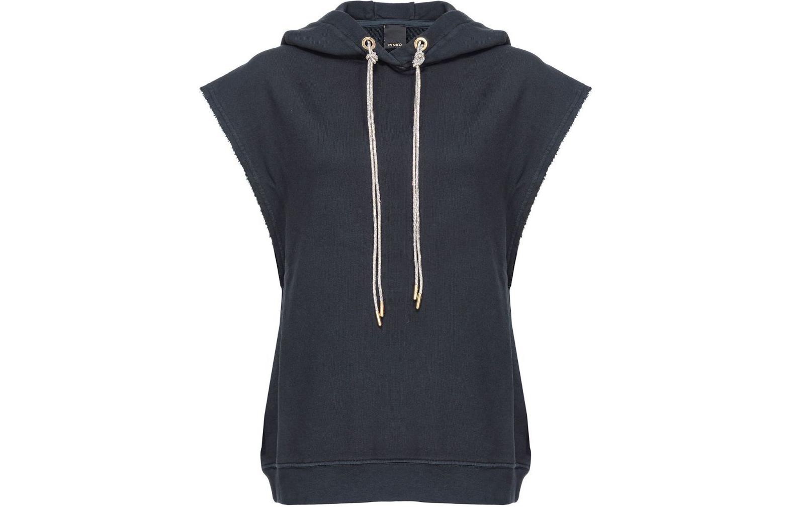 (Women) PINKO SS24  Black Sleeveless Hoodie with Drawstring and Crystal Accents. 103112A1P6-Z99