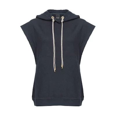 (Women) PINKO SS24 Black Sleeveless Hoodie with Drawstring and Crystal Accents. 103112A1P6-Z99