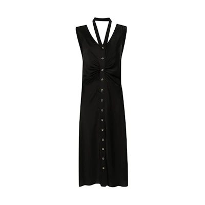 (Women) PINKO SS24 Black Sleeveless Midi Dress with Pleated Details. 103262A1NO-Z99