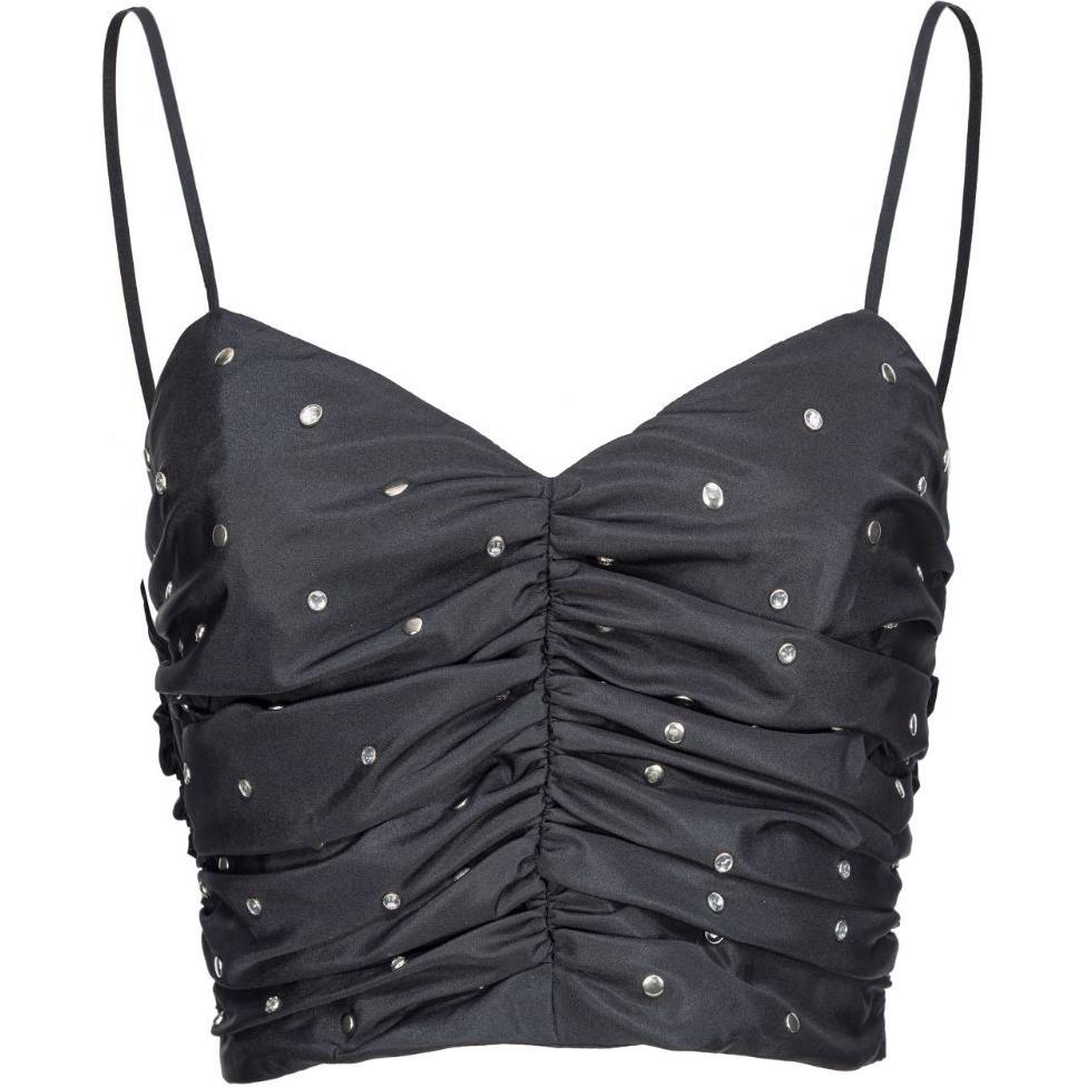 Order (W) 핑코 SS24 블랙 V넥 스터드 장식 집업 크롭 탑. 103812A1ZZ