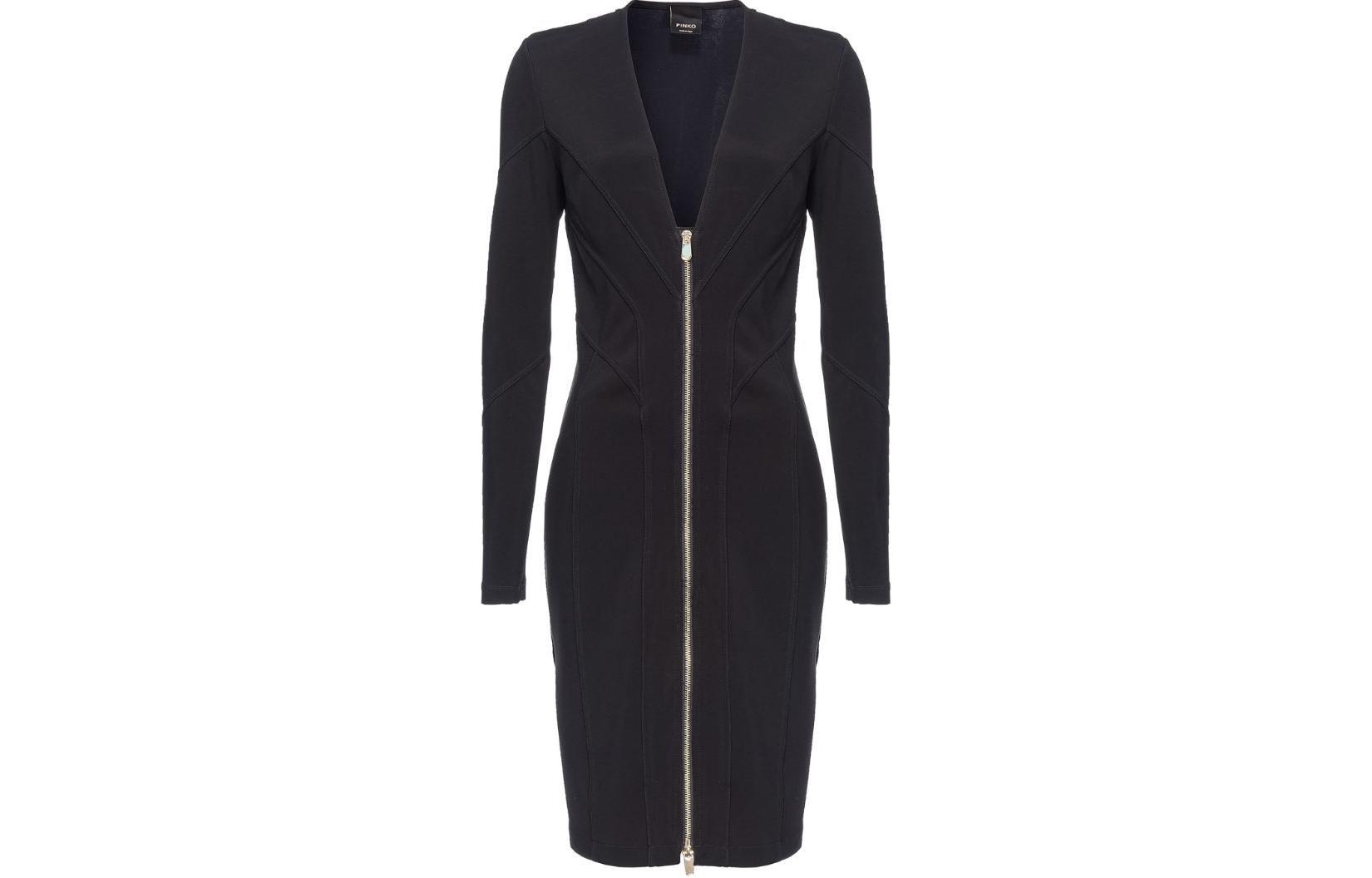 (Women) PINKO SS24  Black Zipper V-Neck Long Sleeve Casual Mini Dress. 103033A04I-Z99