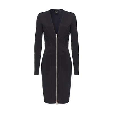 (Women) PINKO SS24 Black Zipper V-Neck Long Sleeve Casual Mini Dress. 103033A04I-Z99