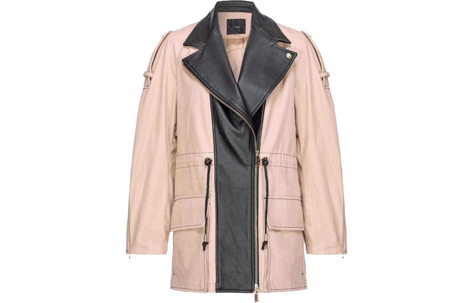 (Women) PINKO SS24  Casual Long Sleeve Jacket with Zipper Patchwork Beige Black 103002A1NH-CZ9