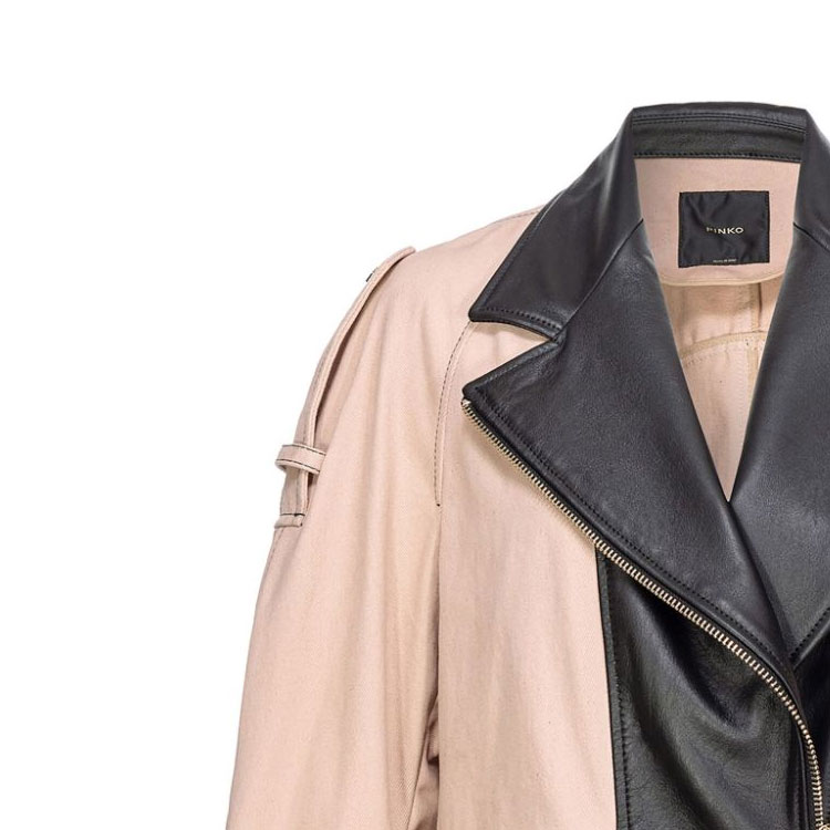Shop (W) PINKO SS24 Jaket Kasual Lengan Panjang Beige Hitam dengan Ritsleting Patchwork 103002A1NH-CZ9