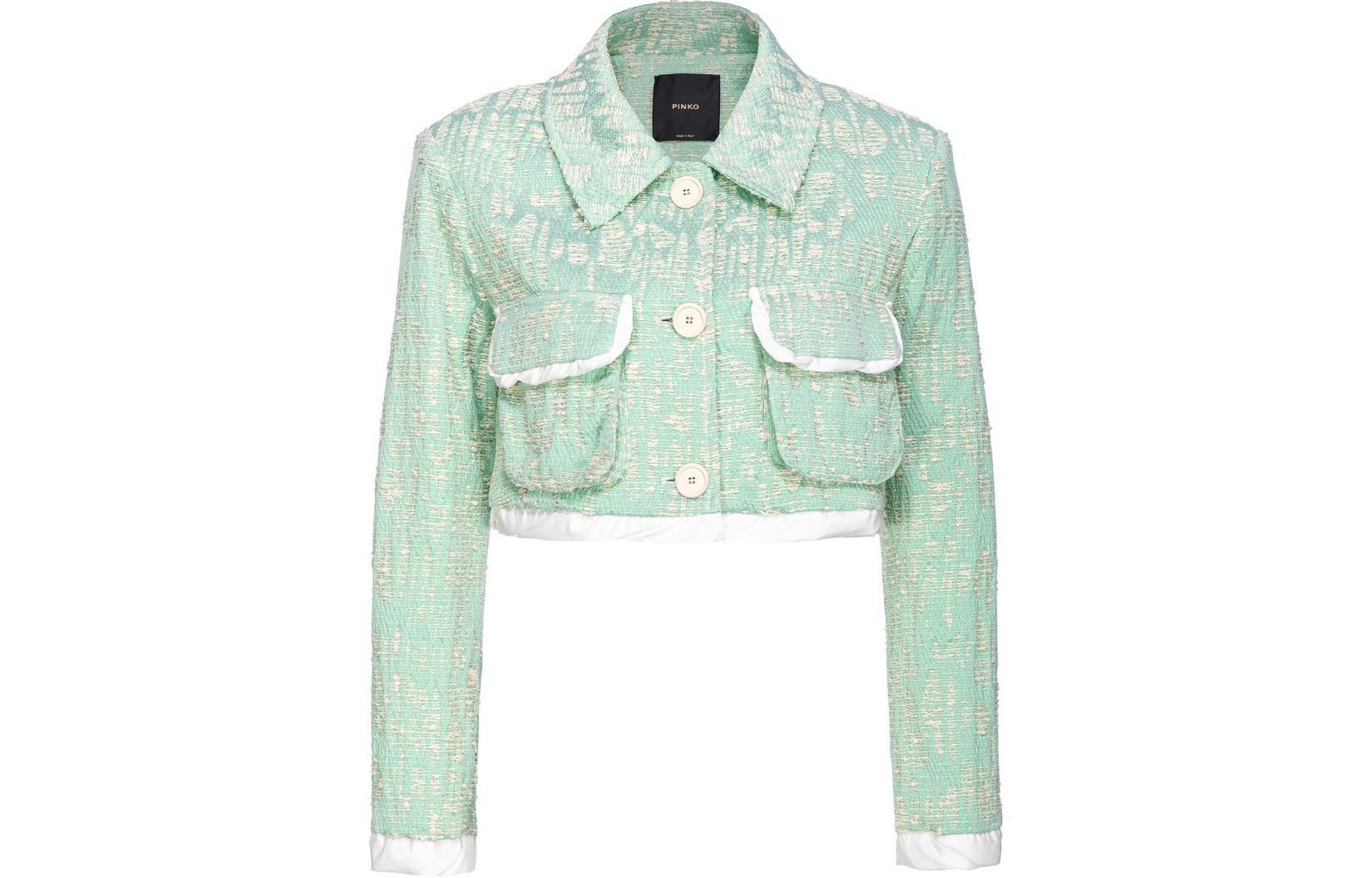(Women) PINKO SS24  Cropped Green Jacket with Striped Trim and Button Closure. 103005A1NJ-SZ1