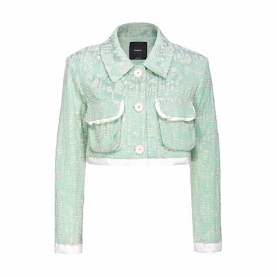 (Women) PINKO SS24 Cropped Green Jacket with Striped Trim and Button Closure. 103005A1NJ-SZ1