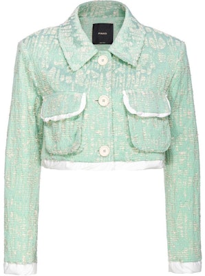 (W) PINKO SS24 綠色條紋修邊短版外套,附鈕扣設計。 103005A1NJ-SZ1 Order (W) PINKO SS24 綠色條紋修邊短版外套,附鈕扣設計。 103005A1NJ-SZ1