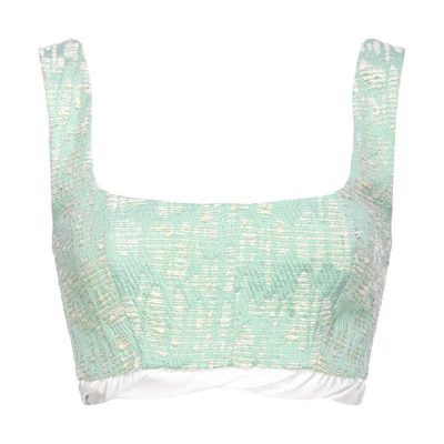 (Women) PINKO SS24 Jacquard Pattern Square Neck Crop Top Green 103004A1NJ-SZ1