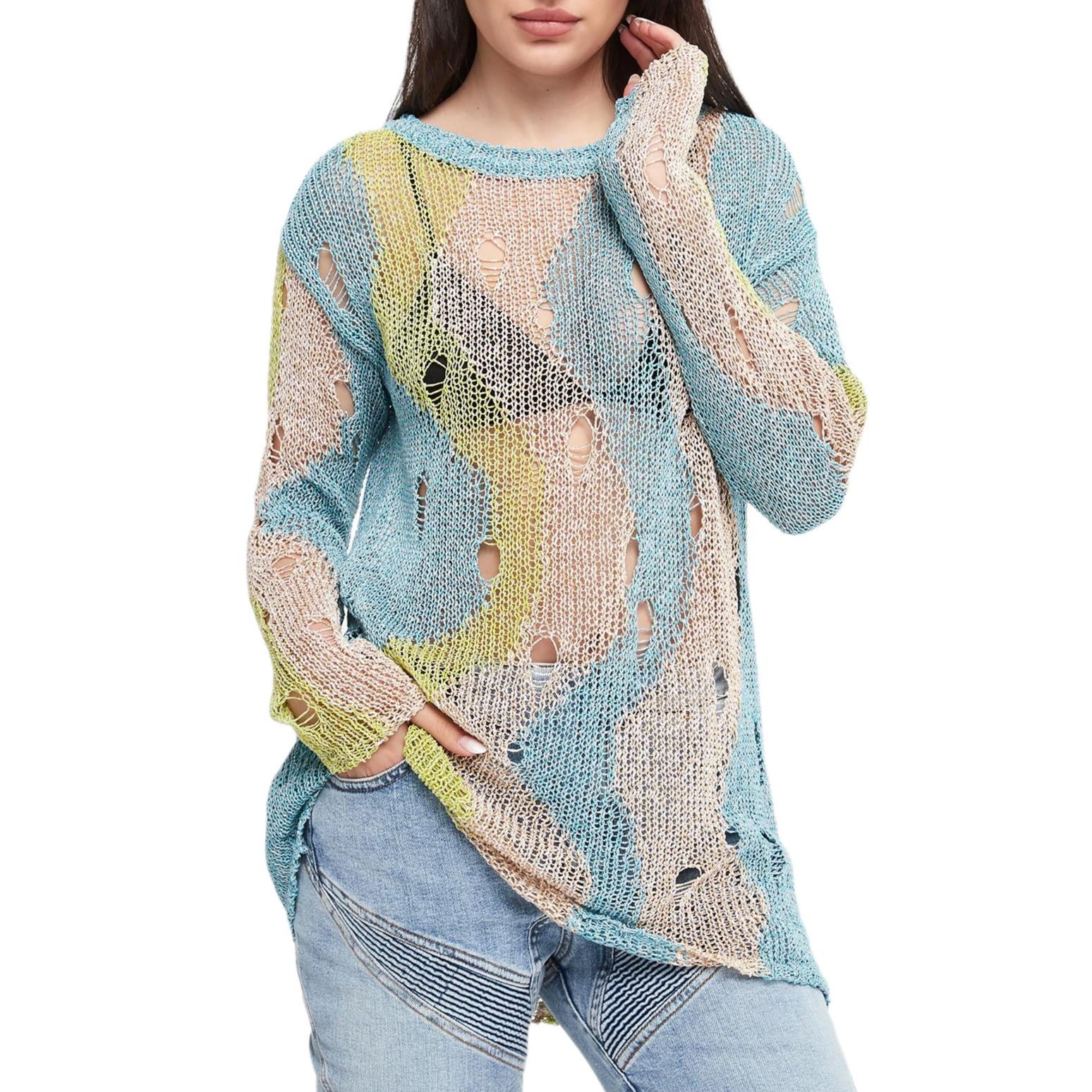 (Women) PINKO SS24  Multicolor Striped Knit Long-Sleeve Top. 103215A1QP-ET2