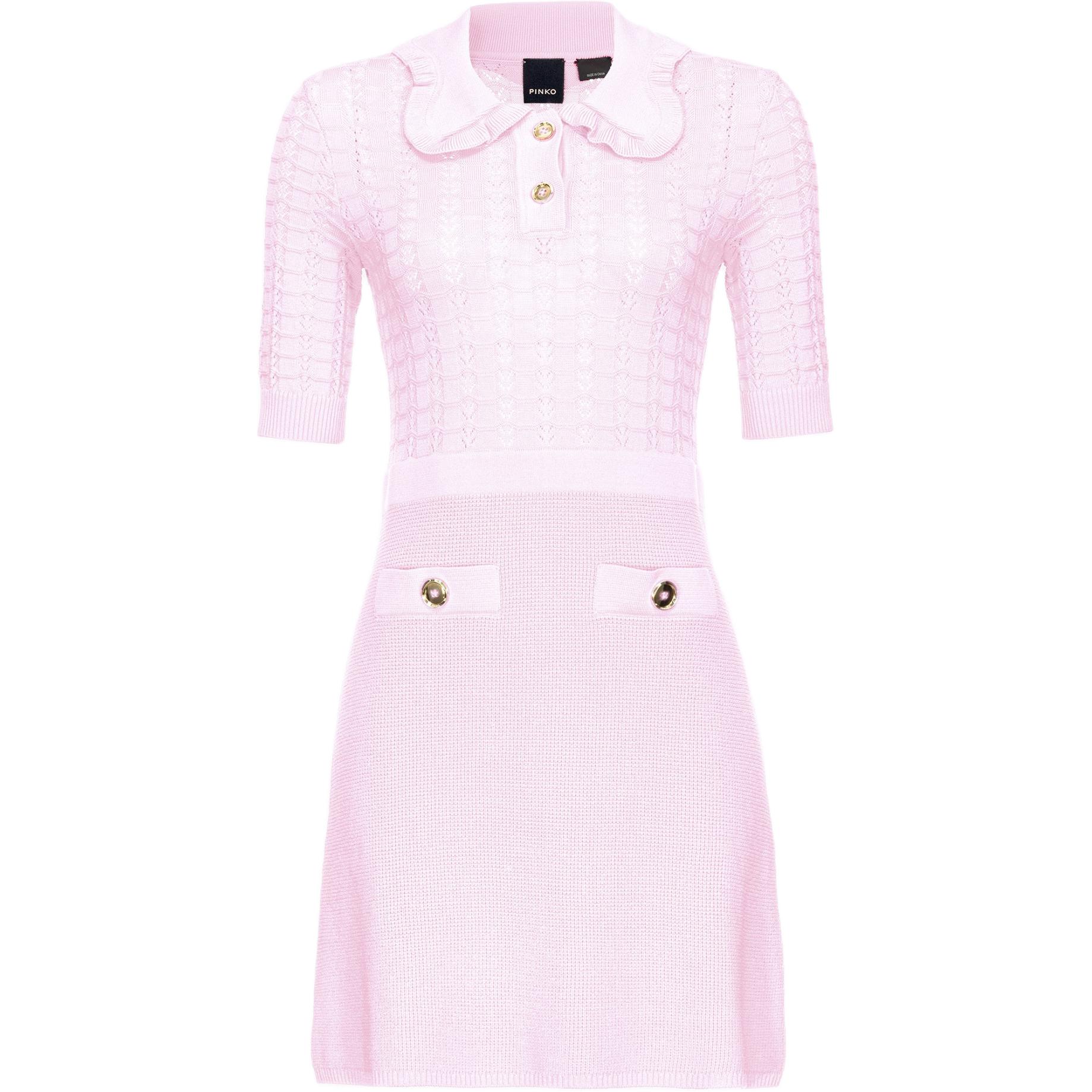 (Women) PINKO SS24  Pink Ruffled Knit Mini Dress with Peter Pan Collar. 103161A1Q3-N78