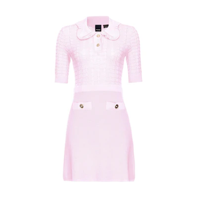 (Women) PINKO SS24 Pink Ruffled Knit Mini Dress with Peter Pan Collar. 103161A1Q3-N78