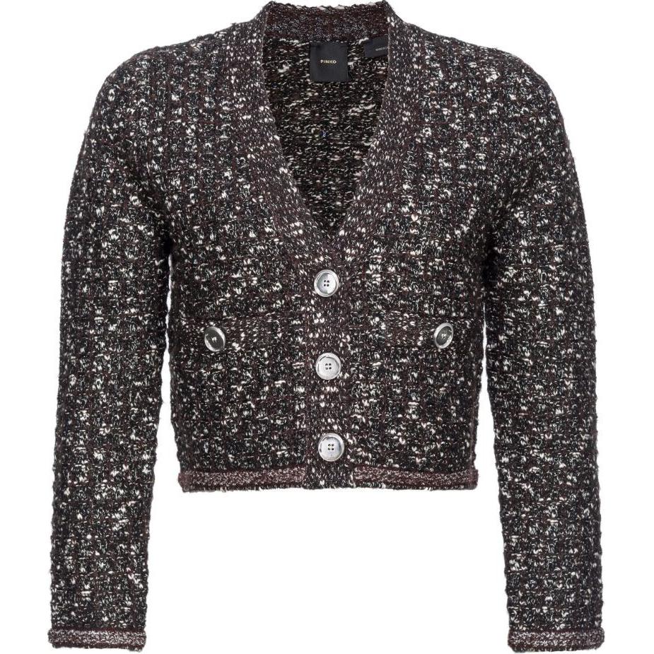 Order (W) PINKO SS24 Vネック テクスチャード ニット ボタンアップ クロップドジャケット - コーヒーブラウン 103963A21R-ZM7