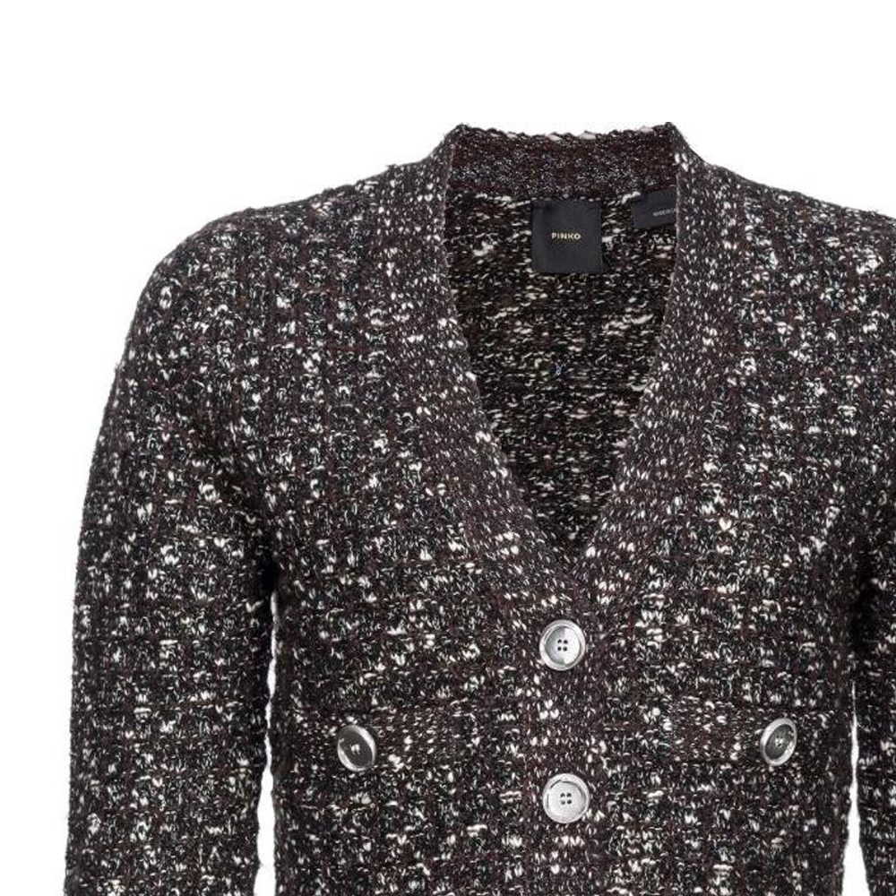 Shop (W) PINKO SS24 Vネック テクスチャード ニット ボタンアップ クロップドジャケット - コーヒーブラウン 103963A21R-ZM7