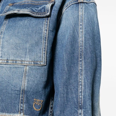 (W) PINKO SS24 Jaket Denim Fringe Slim Fit Biru. 102944A1LQ-PJZ Details for (W) PINKO SS24 Jaket Denim Fringe Slim Fit Biru. 102944A1LQ-PJZ