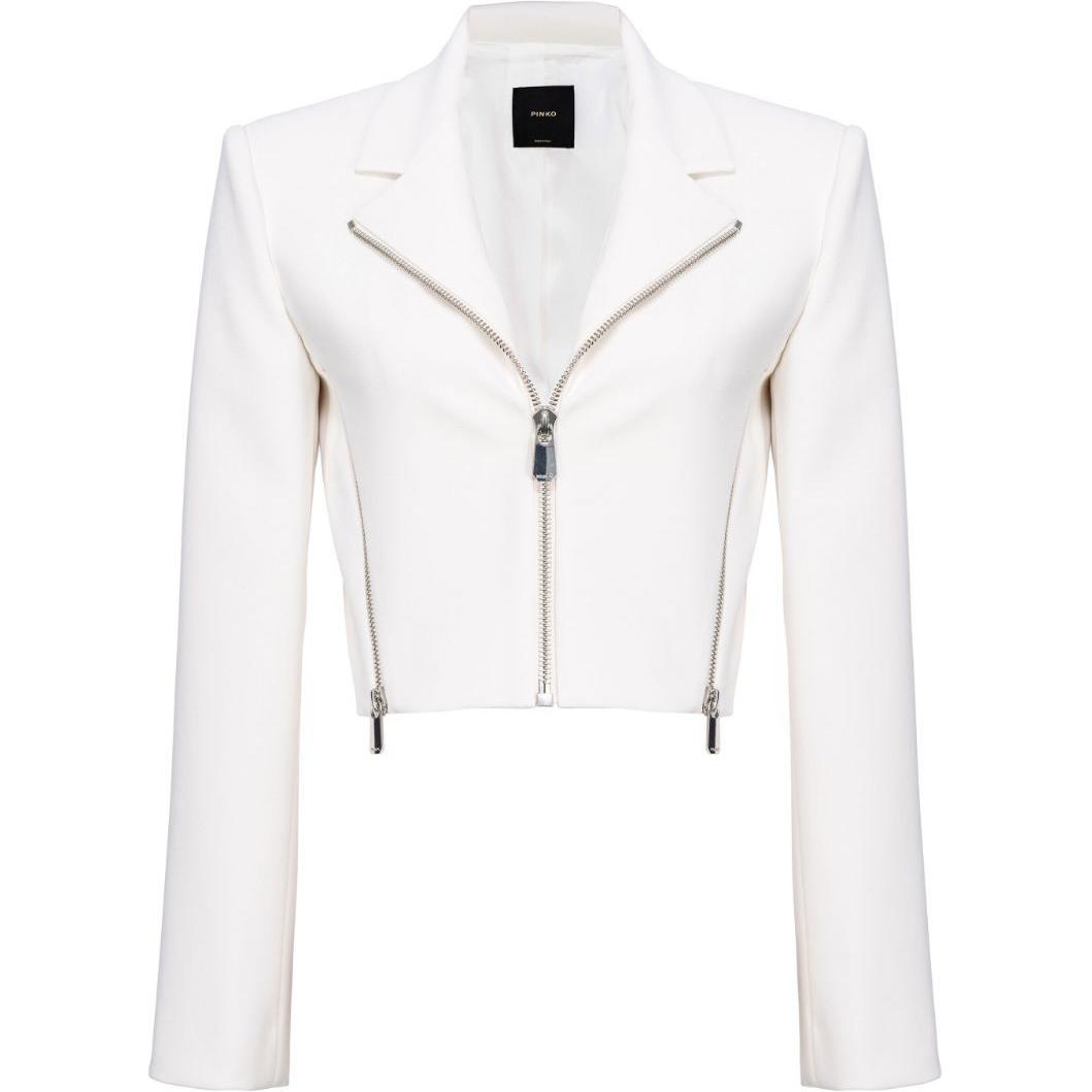 (Women) PINKO SS24  White Solid Zipper Biker Jacket with Long Sleeves. 104067A20A
