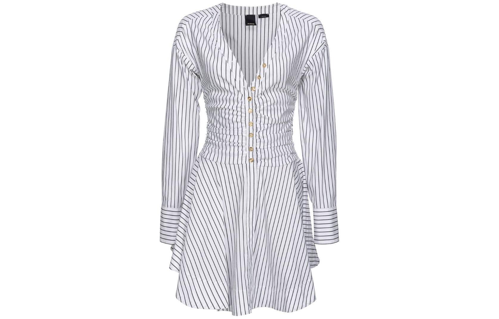 (Women) PINKO SS24  White Striped V-Neck Long Sleeve Casual Dress. 102773A1PF-ZZ1