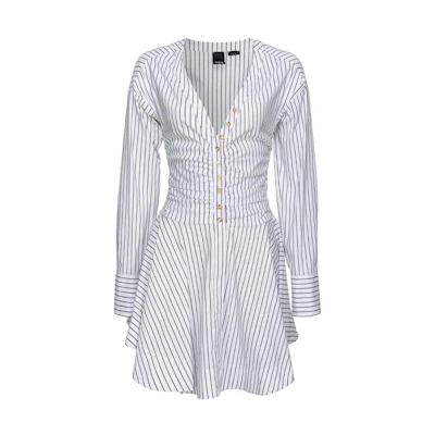 (Women) PINKO SS24 White Striped V-Neck Long Sleeve Casual Dress. 102773A1PF-ZZ1