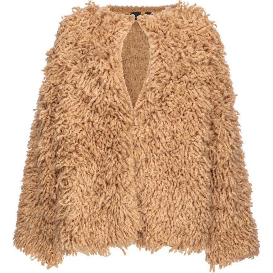 (Women) PINKO SS24 Beige Long Sleeve Faux Fur Top with Cutout Details for Women. 103928A22B