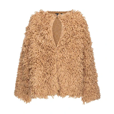 (Women) PINKO SS24 Beige Long Sleeve Faux Fur Top with Cutout Details for Women. 103928A22B