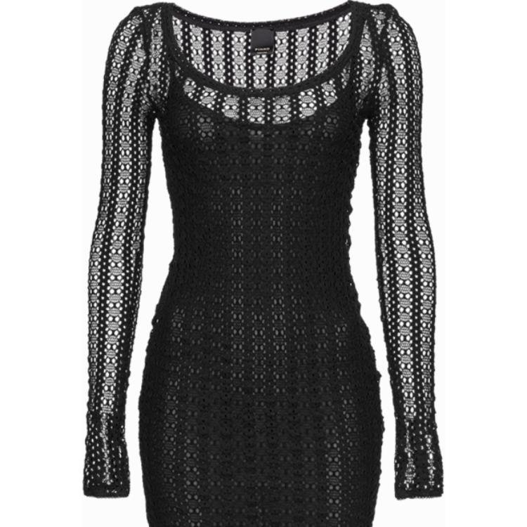(Women) PINKO SS24 Black Hollow Knit Long-Sleeve Short Pullover Dress Women 103191A1PY-Z99
