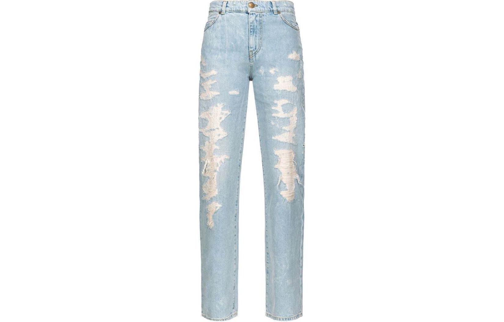 (Women) PINKO SS24 Light Blue  Straight-Leg Jeans with Vintage Letter Embroidery. 102908A1JJ-PJP