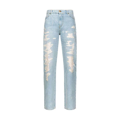 (Women) PINKO SS24 Light Blue Straight-Leg Jeans with Vintage Letter Embroidery. 102908A1JJ-PJP