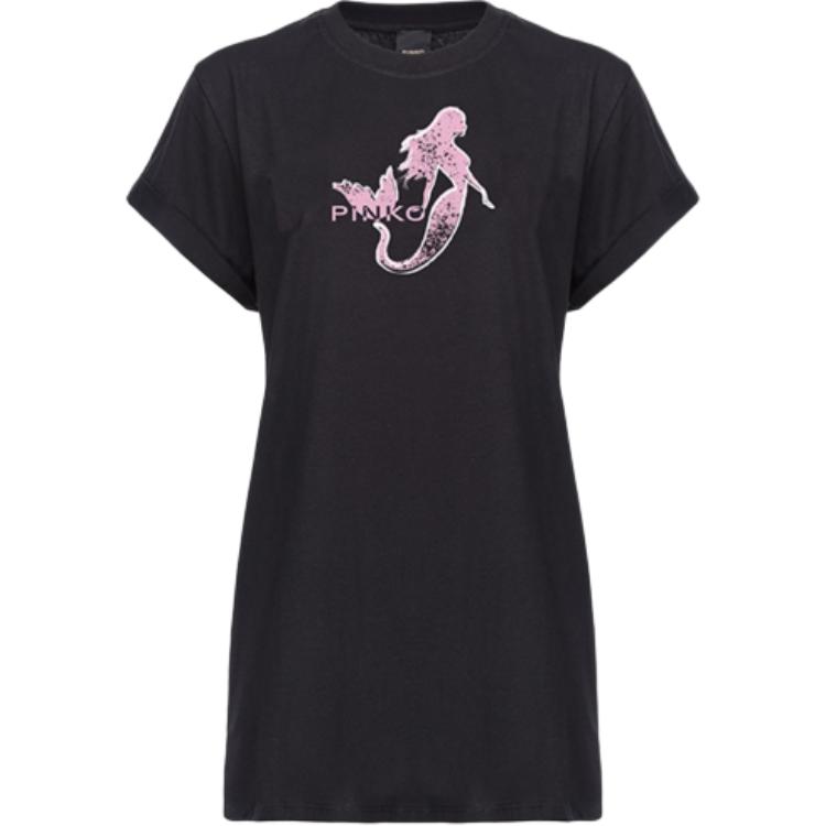 (Women) PINKO SS24 Mermaid Print Long Short-Sleeve Regular T-Shirt Women - Black 100992A1OC-Z99