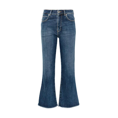 (Women) PINKO SS24 Mid-Rise Flared Distressed Hem Jeans Indigo Blue. 103860A20M-PJZ