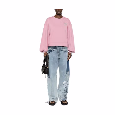 (Women) Pinko SS24 Pink Lantern Sleeve Sweatshirt with Logo Embellishments for Women 102827A1R8-N98